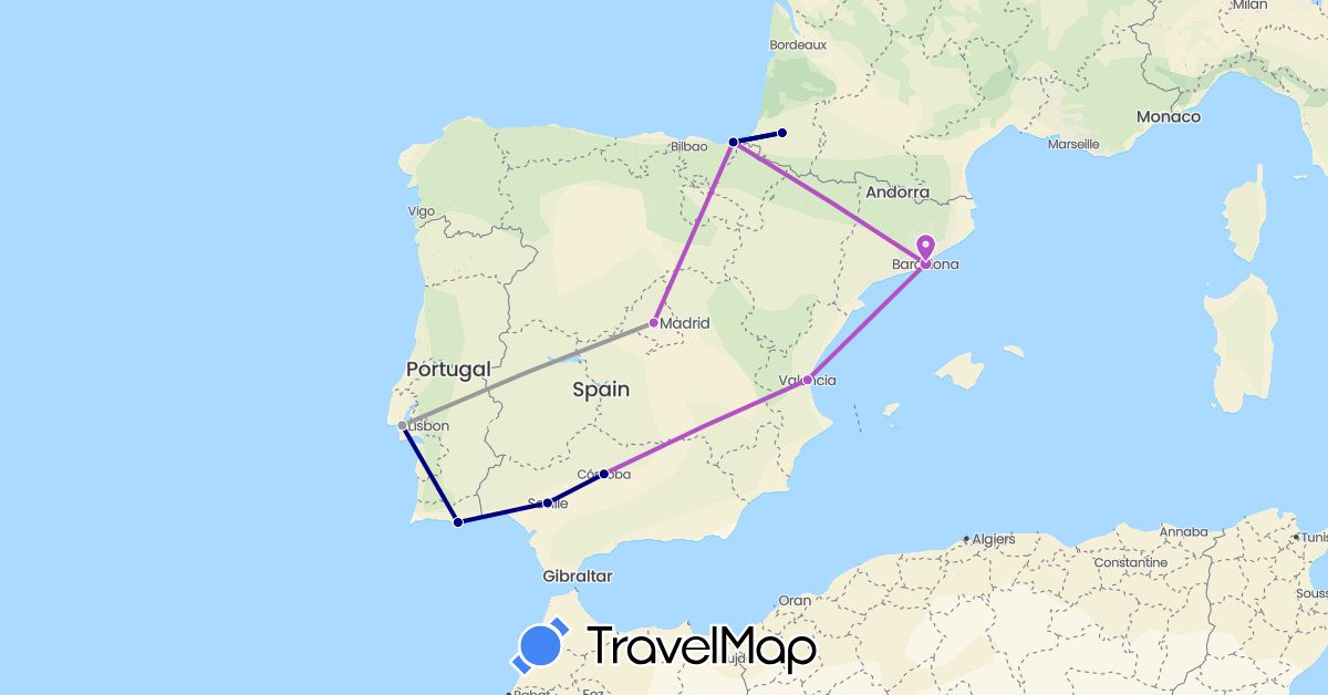 TravelMap itinerary: driving, plane, train in Spain, France, Portugal (Europe)